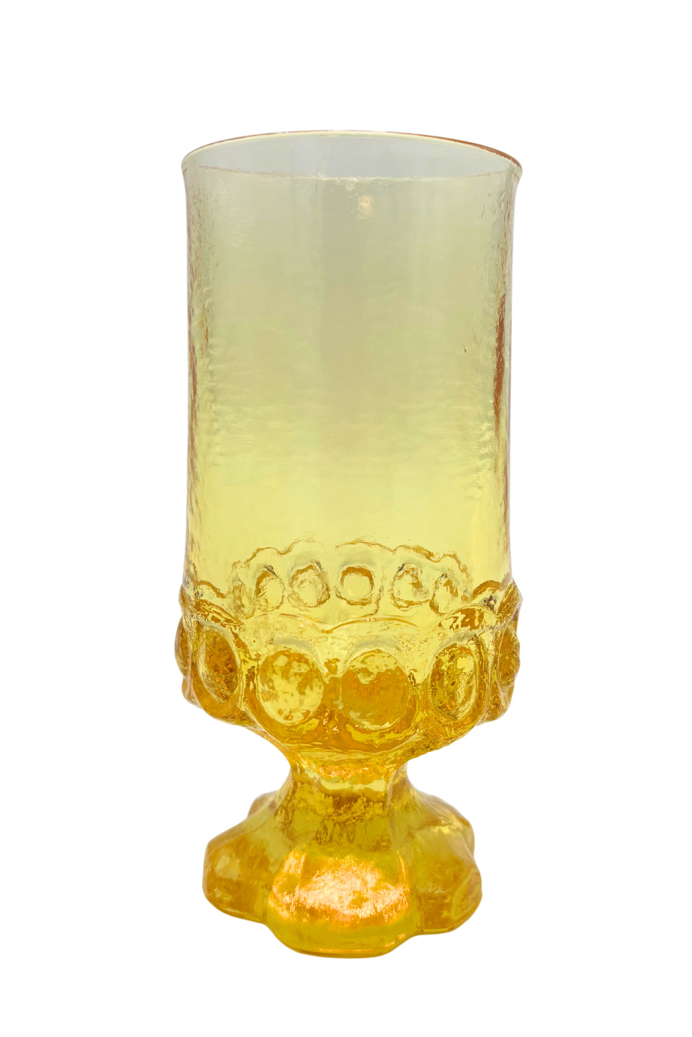 MID CENTURY YELLOW PEDESTAL GOBLETS SET OF 4 TEXTURED 1970S GLASSWARE