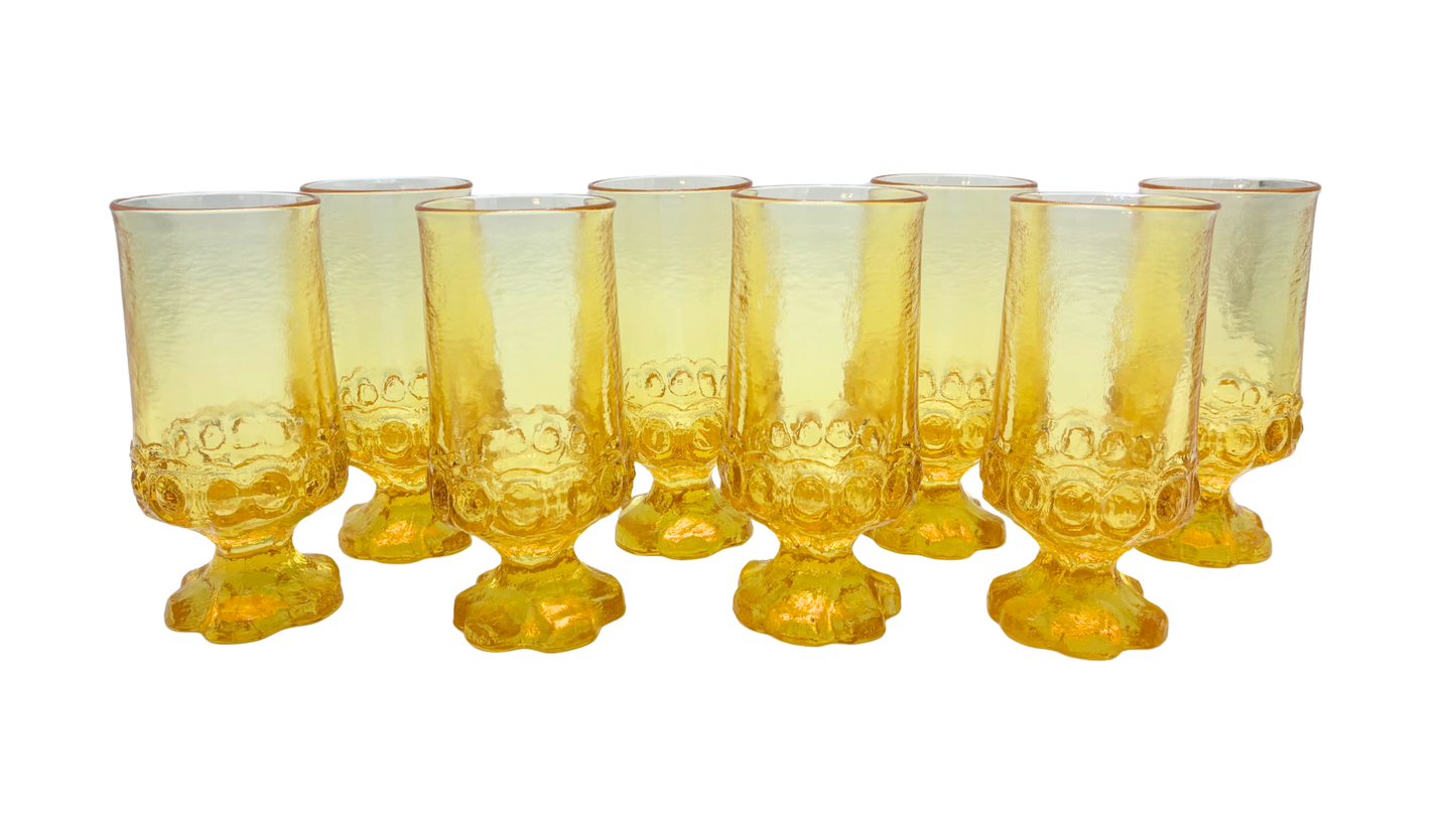 MID CENTURY YELLOW PEDESTAL GOBLETS SET OF 4 TEXTURED 1970S GLASSWARE