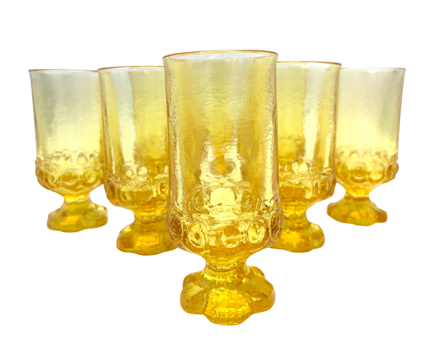 MID CENTURY YELLOW PEDESTAL GOBLETS SET OF 4 TEXTURED 1970S GLASSWARE