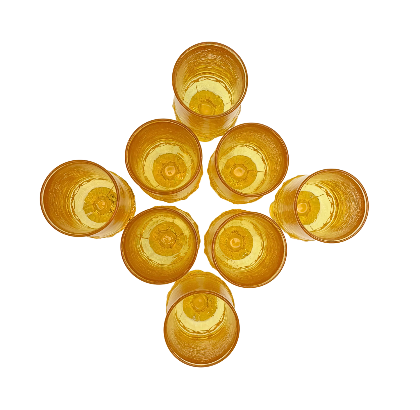 MID CENTURY YELLOW PEDESTAL GOBLETS SET OF 4 TEXTURED 1970S GLASSWARE