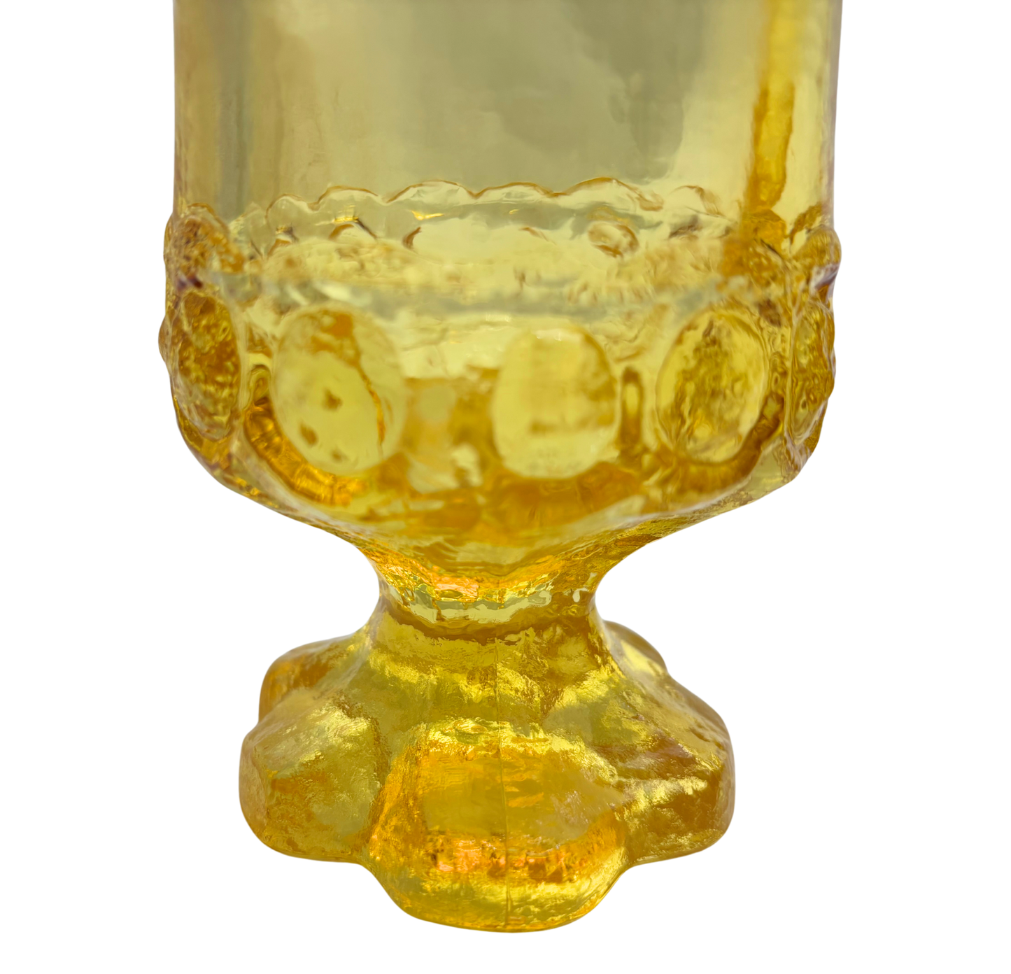 MID CENTURY YELLOW PEDESTAL GOBLETS SET OF 4 TEXTURED 1970S GLASSWARE