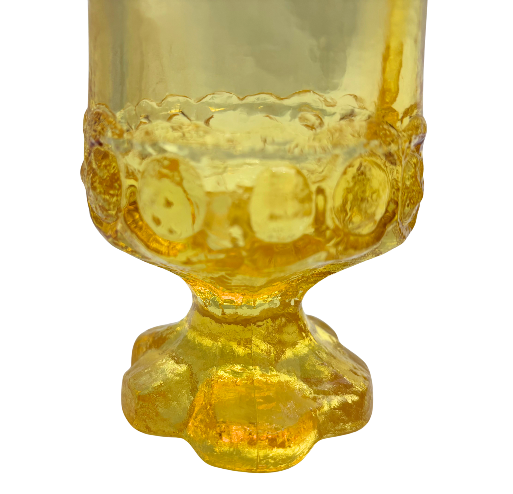 MID CENTURY YELLOW PEDESTAL GOBLETS SET OF 4 TEXTURED 1970S GLASSWARE