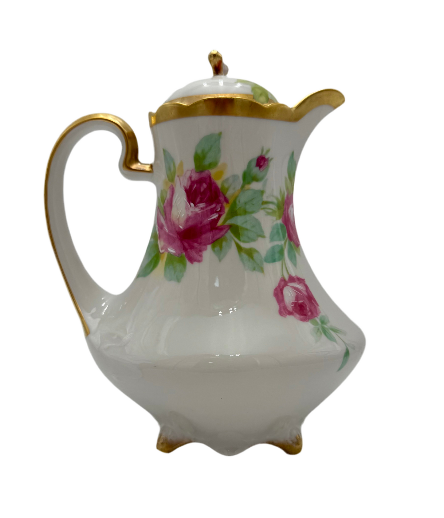ANTIQUE LIMOGES “CORONET” HAND-PAINTED CHOCOLATE POT – SIGNED MAVALEIX – PINK ROSES & GOLD TRIM – ART NOUVEAU ERA FRANCE c.1906–1920