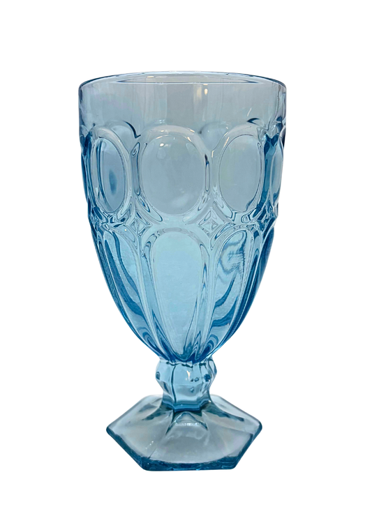 BLUE PRESSED GLASS GOBLETS SET OF 8 CIRCA 1970S RIVIERA STYLE PEDESTAL STEMWARE