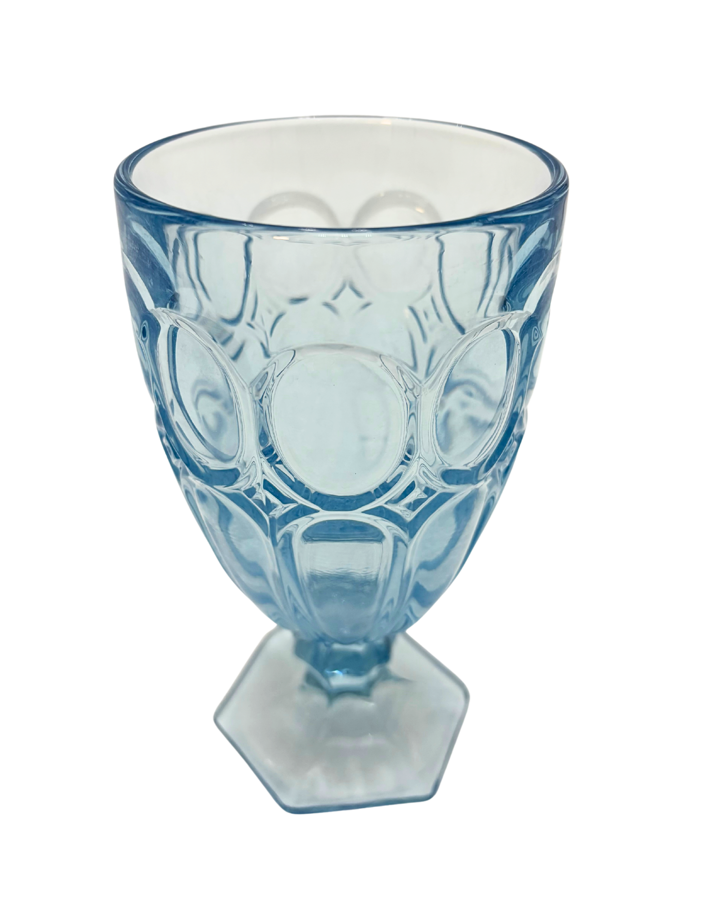 BLUE PRESSED GLASS GOBLETS SET OF 8 CIRCA 1970S RIVIERA STYLE PEDESTAL STEMWARE