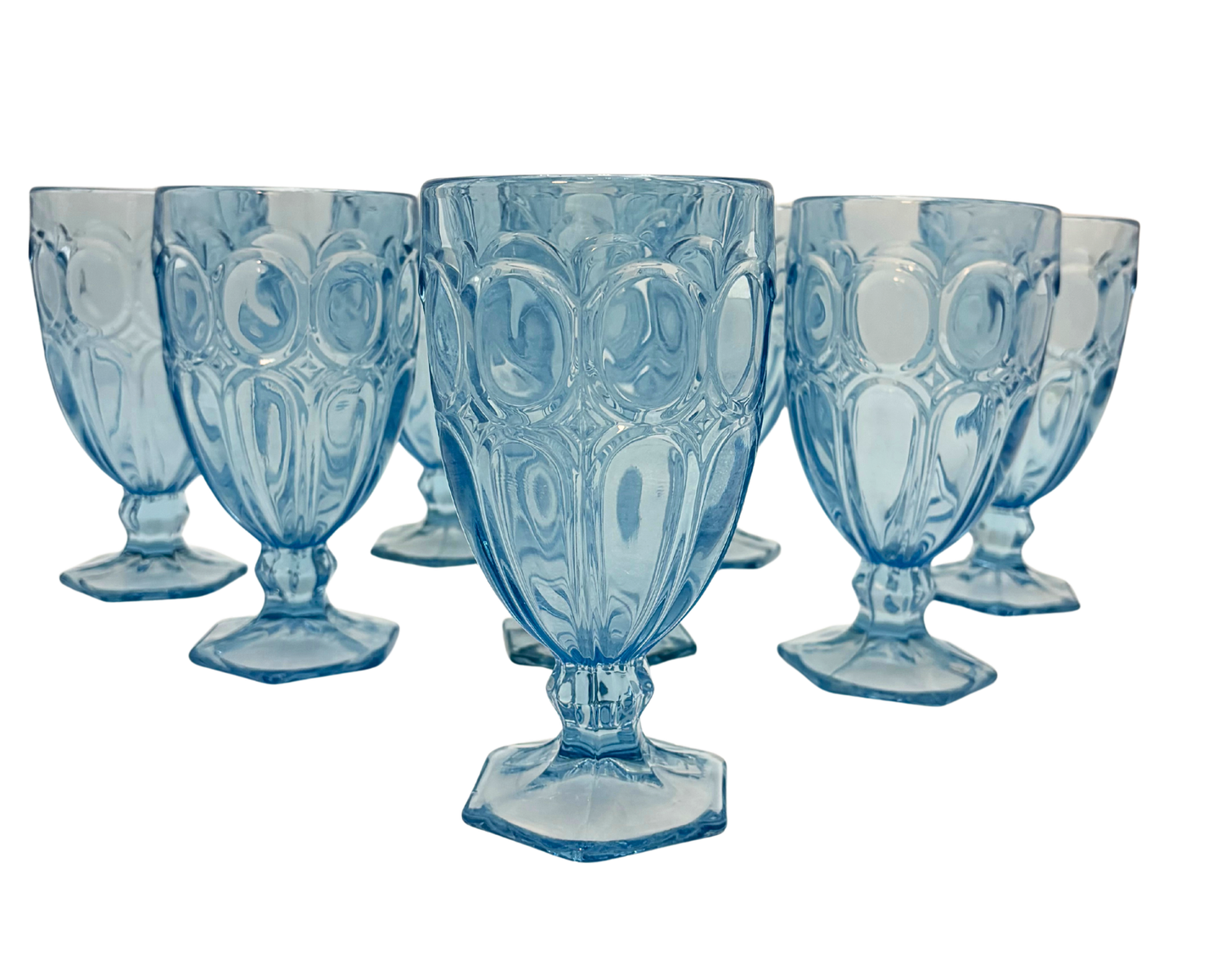 BLUE PRESSED GLASS GOBLETS SET OF 8 CIRCA 1970S RIVIERA STYLE PEDESTAL STEMWARE