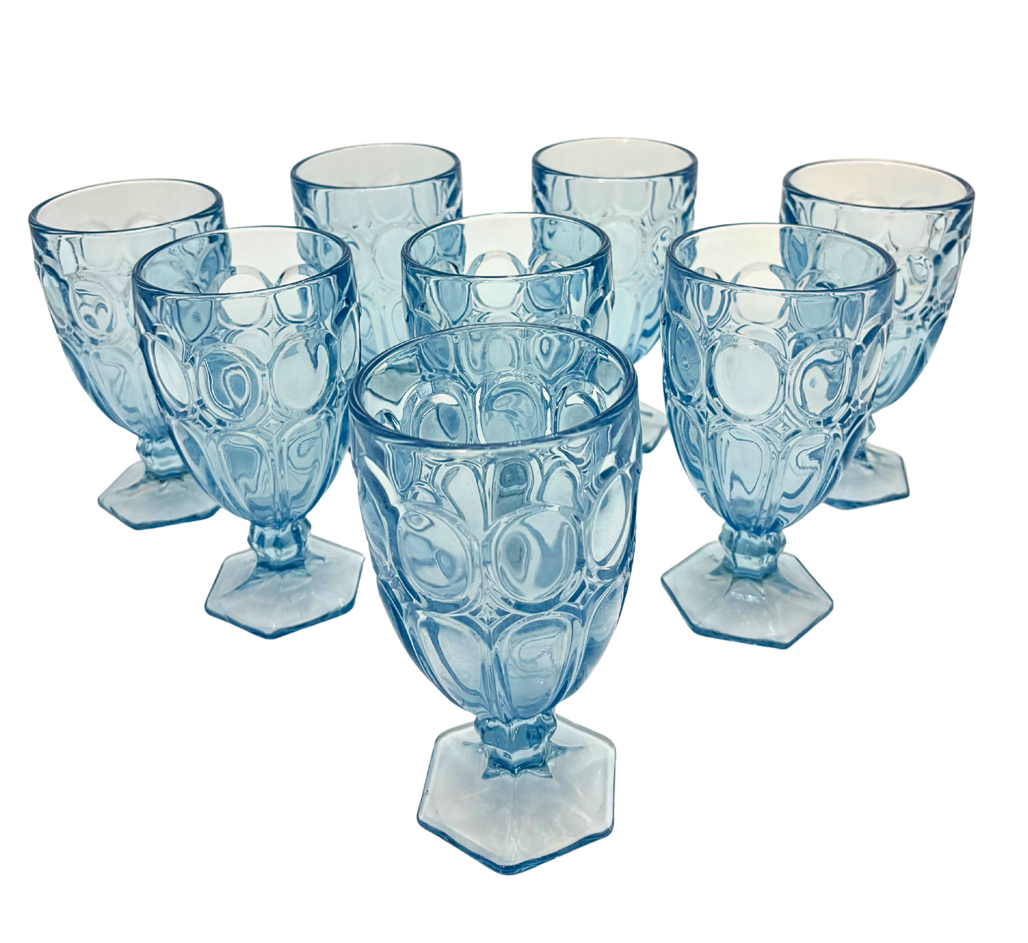 BLUE PRESSED GLASS GOBLETS SET OF 8 CIRCA 1970S RIVIERA STYLE PEDESTAL STEMWARE