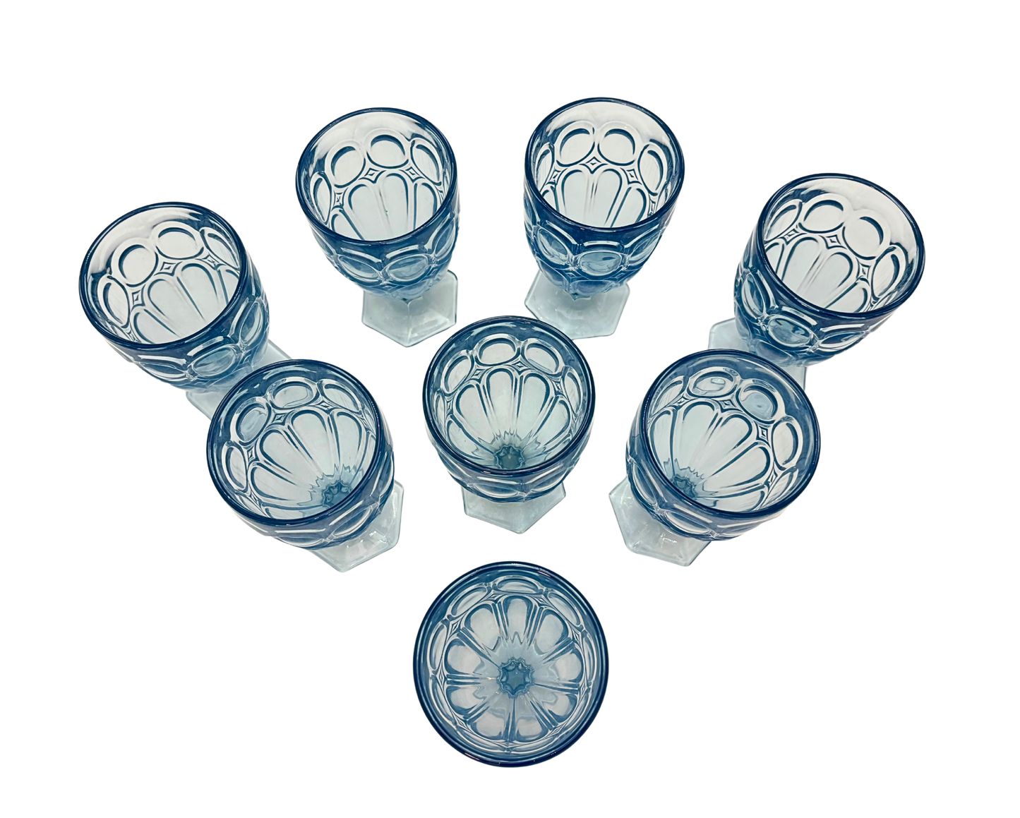 BLUE PRESSED GLASS GOBLETS SET OF 8 CIRCA 1970S RIVIERA STYLE PEDESTAL STEMWARE