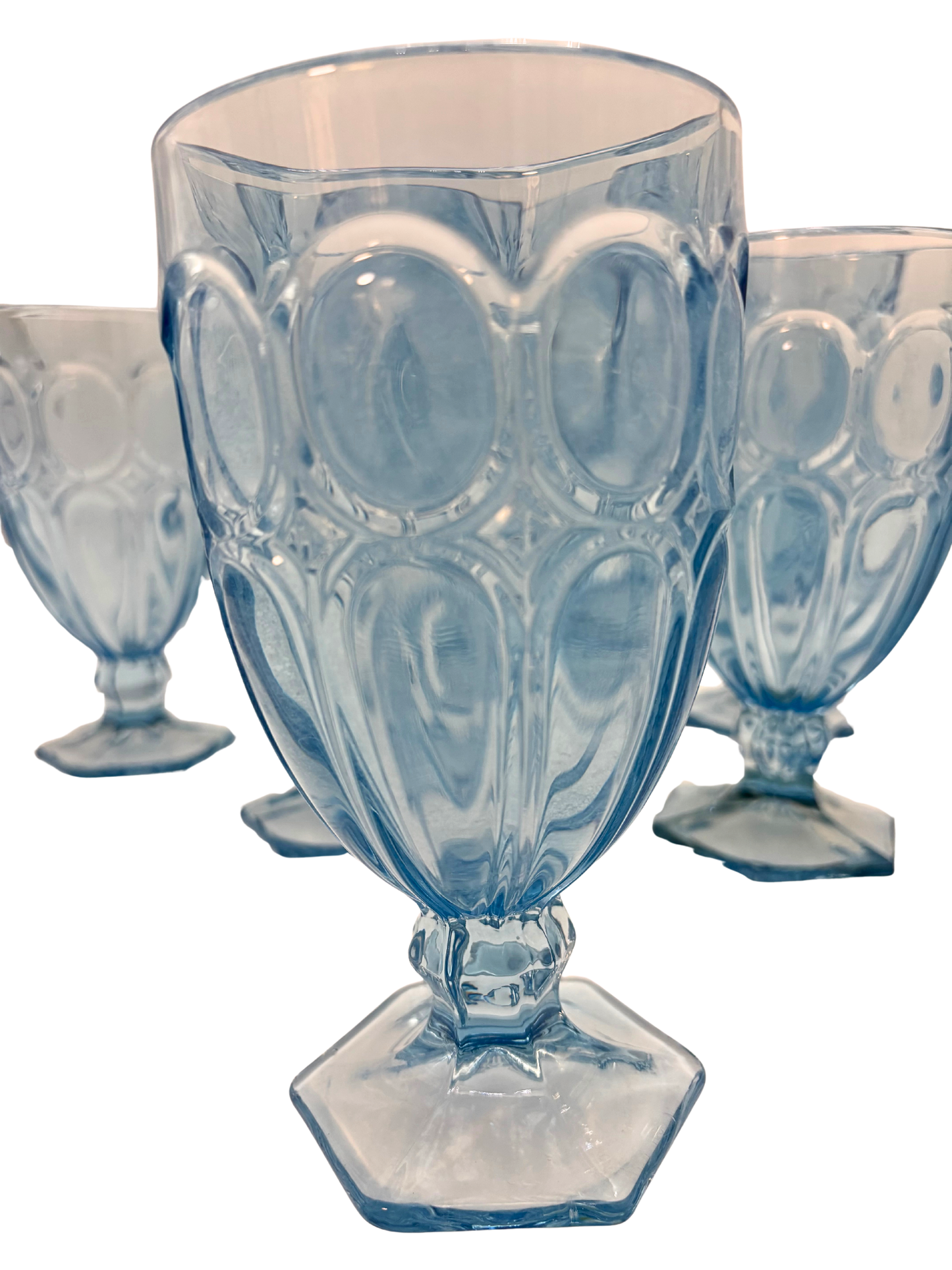 BLUE PRESSED GLASS GOBLETS SET OF 8 CIRCA 1970S RIVIERA STYLE PEDESTAL STEMWARE