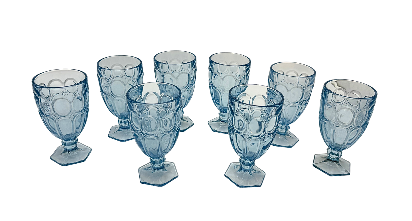 BLUE PRESSED GLASS GOBLETS SET OF 8 CIRCA 1970S RIVIERA STYLE PEDESTAL STEMWARE