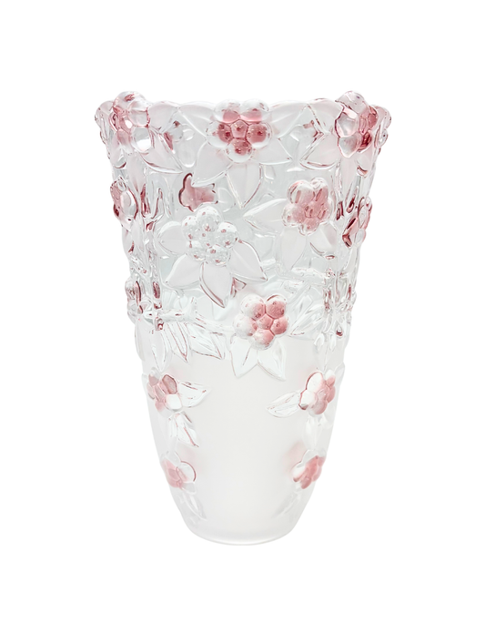 VINTAGE LATE 20TH CENTURY PINK FLORAL MOLDED CRYSTAL ART GLASS VASE 9.5 INCHES TALL HEAVY BLUSH STATEMENT PIECE