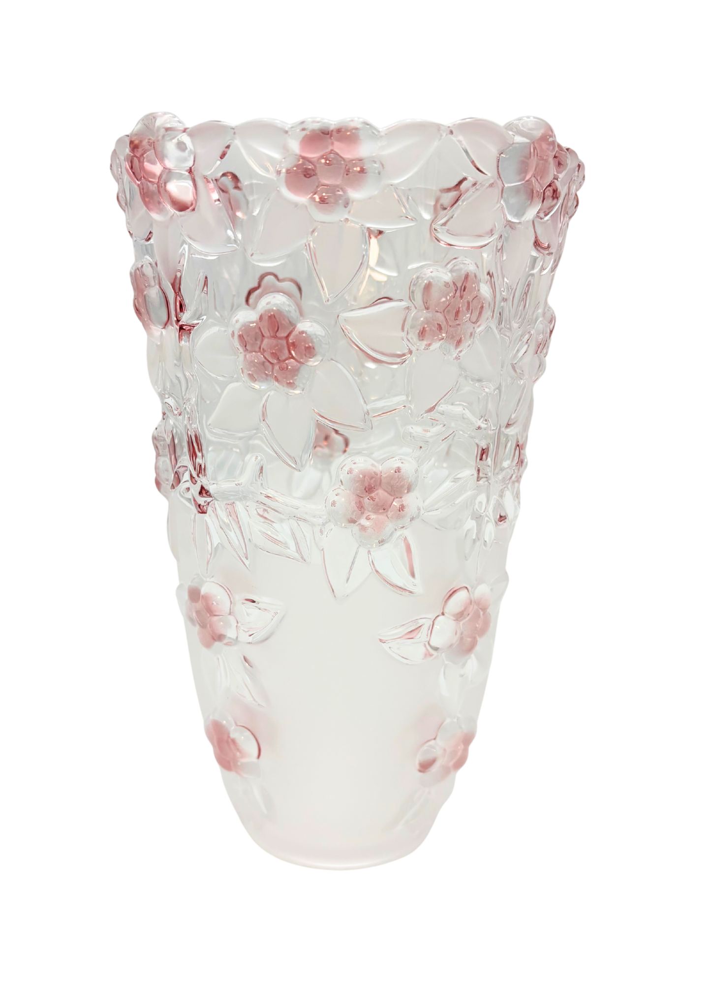 VINTAGE LATE 20TH CENTURY PINK FLORAL MOLDED CRYSTAL ART GLASS VASE 9.5 INCHES TALL HEAVY BLUSH STATEMENT PIECE