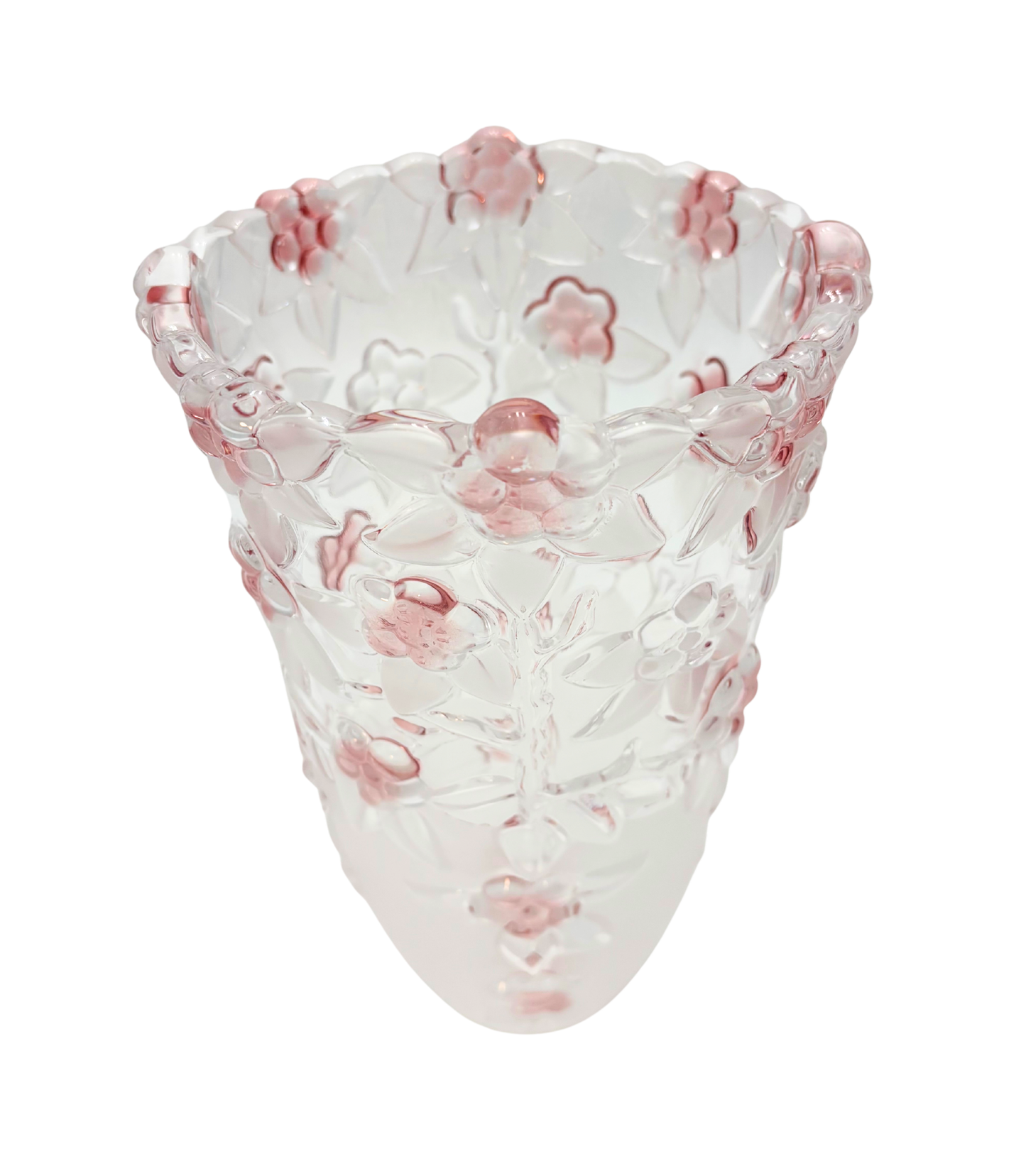 VINTAGE LATE 20TH CENTURY PINK FLORAL MOLDED CRYSTAL ART GLASS VASE 9.5 INCHES TALL HEAVY BLUSH STATEMENT PIECE
