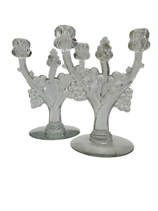 HEISEY GLASS #1445 GRAPE CLUSTER THREE-LIGHT CRYSTAL CANDELABRA – PAIR – VINTAGE DIAMOND H MARK