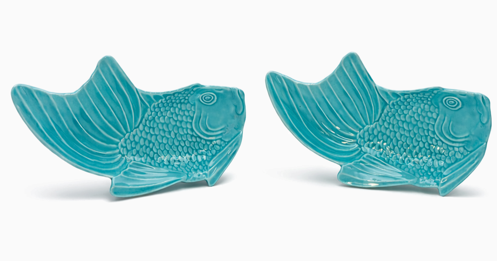 VINTAGE BELL OF CALIFORNIA TURQUOISE FISH SERVING DISHES SET OF 2 MID CENTURY COASTAL POTTERY