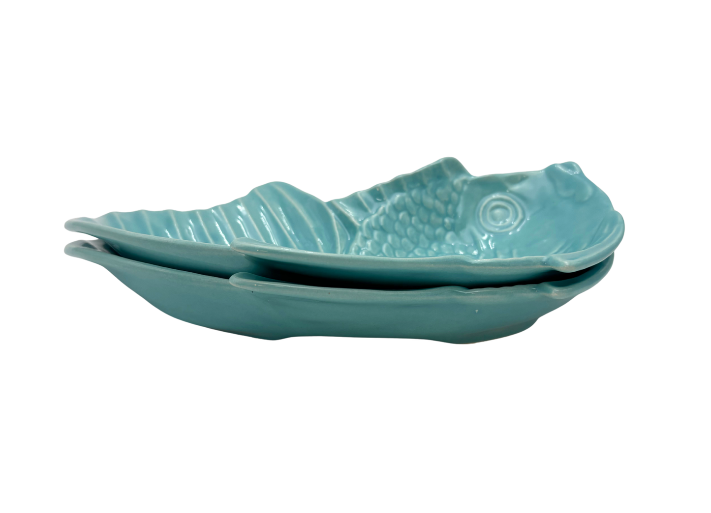VINTAGE BELL OF CALIFORNIA TURQUOISE FISH SERVING DISHES SET OF 2 MID CENTURY COASTAL POTTERY
