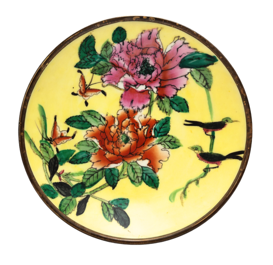 VINTAGE CHINESE CLOISONNÉ ENAMEL BOWL WITH BRASS CASING YELLOW PEONY BIRD WALL DECOR 6 INCHES