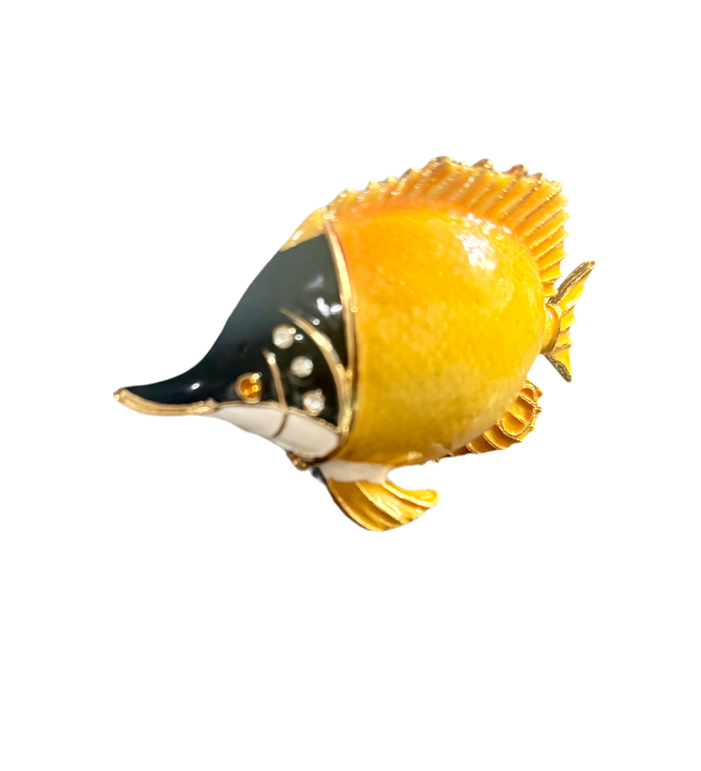 JEWELED ENAMELED BUTTERFLYFISH TRINKET BOX WITH CRYSTALS AND GOLD DETAILING
