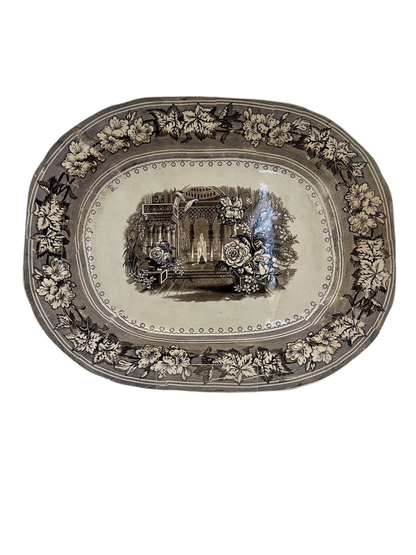 MID-19TH CENTURY ANTIQUE ENGLISH BROWN TRANSFERWARE PLATTER SCENIC GARDEN FOUNTAIN OVAL