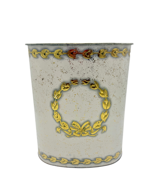 VINTAGE ITALIAN GILT TOLE WASTEBASKET WITH LAUREL WREATH AND RIBBON MOTIF – HOLLYWOOD REGENCY STYLE