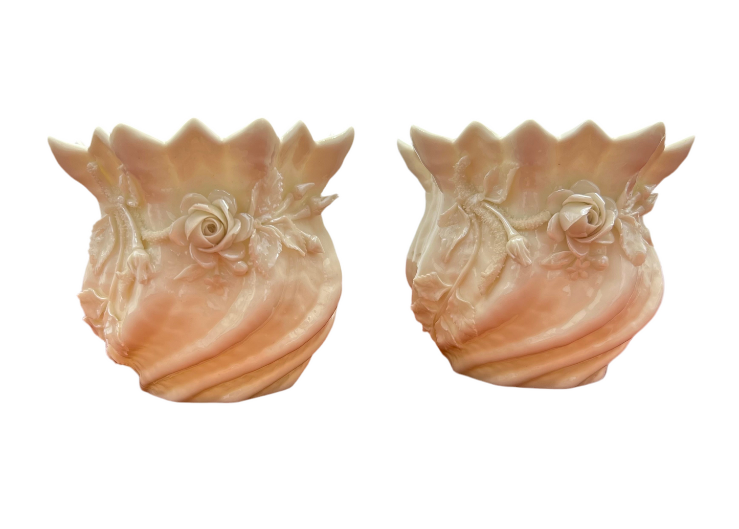 PAIR OF BELLEEK IRELAND PORCELAIN SHELL ROSE PLANTERS – 3RD BLACK MARK 1926–1946 – VINTAGE IRISH PARIAN PORCELAIN – MINT CONDITION