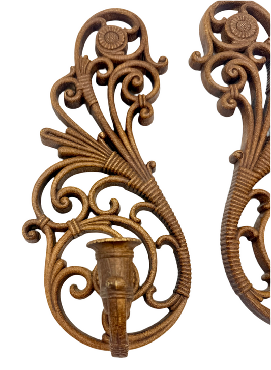 PAIR OF 1978 BOHO FAUX RATTAN WALL CANDLEHOLDER WALL SCONCES