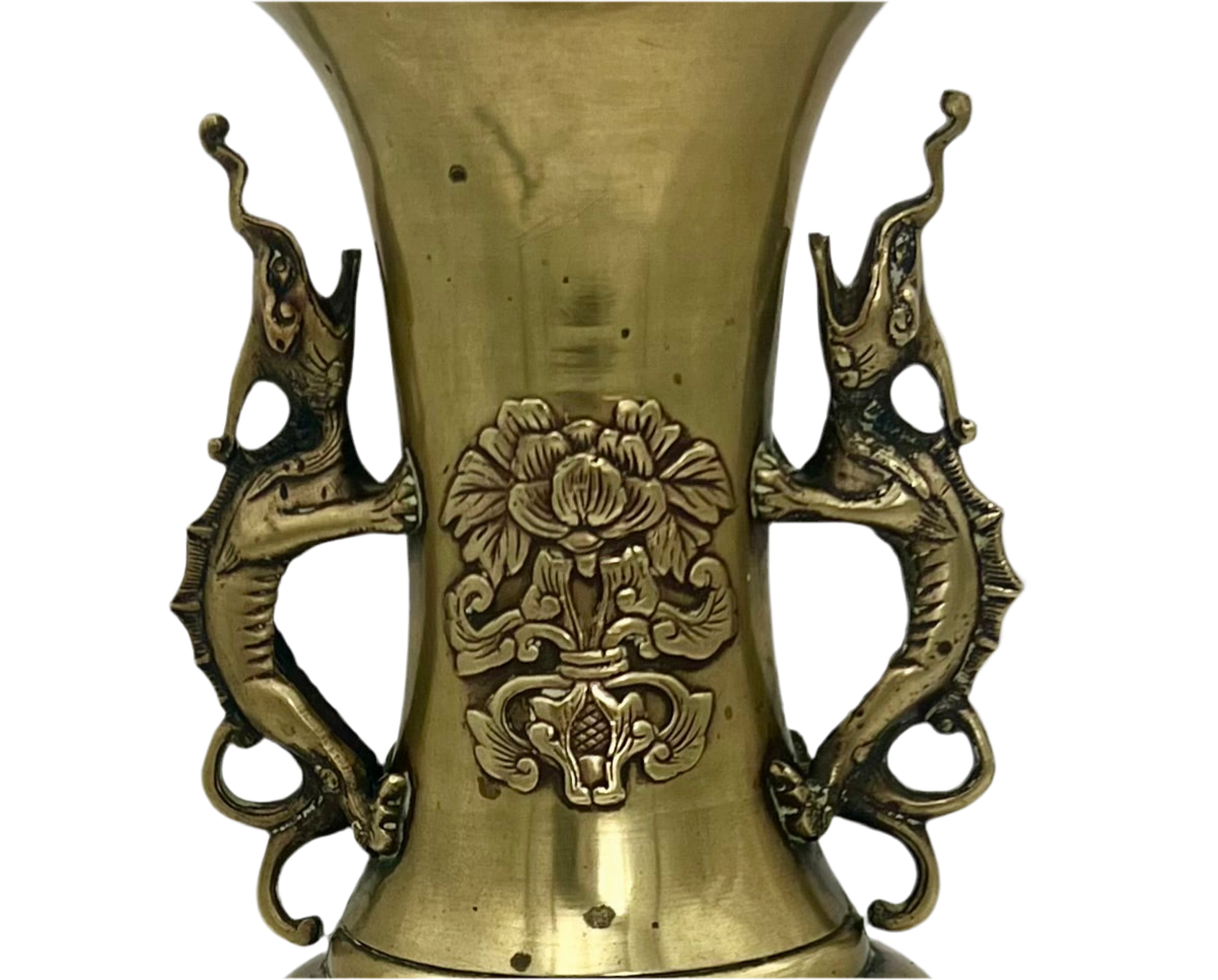 CHINOISERIE CAST BRASS DRAGON HANDLE ALTAR VASE WITH PEONY & BIRD RELIEF – 13.75 INCH STATEMENT PIECE