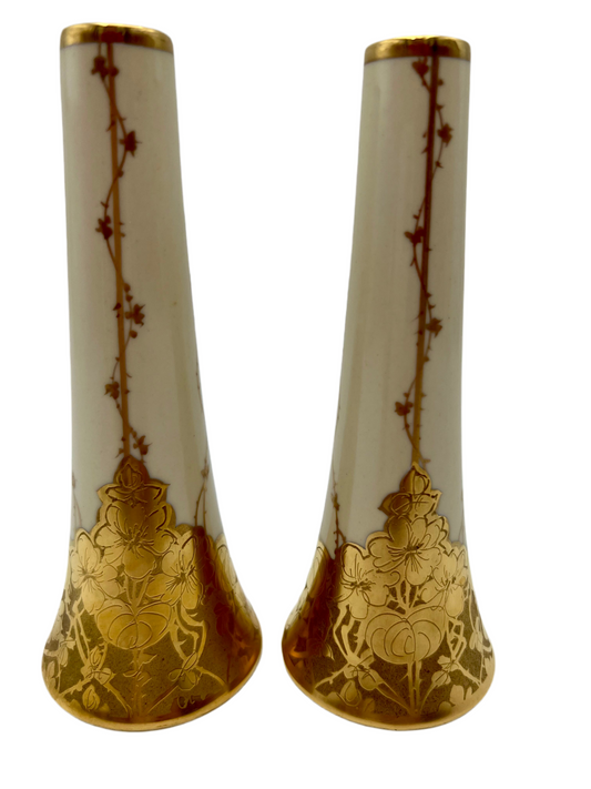 VINTAGE STEINER STUDIO LOS ANGELES 22K GOLD HAND DECORATED SALT & PEPPER SHAKERS – 6 ¼ INCH