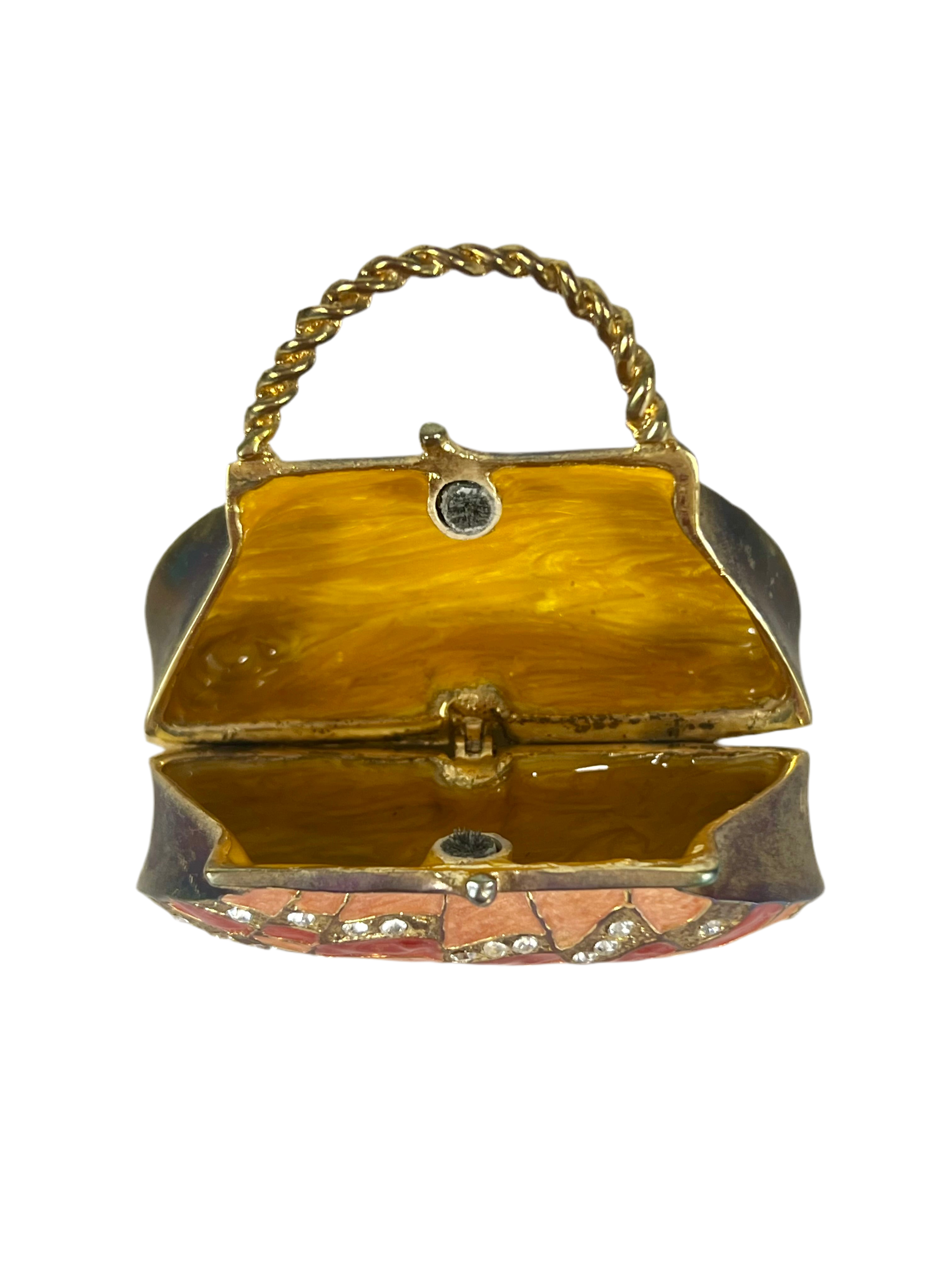 VINTAGE JEWELED PURSE TRINKET BOX FLORAL ENAMEL HANDBAG RING BOX