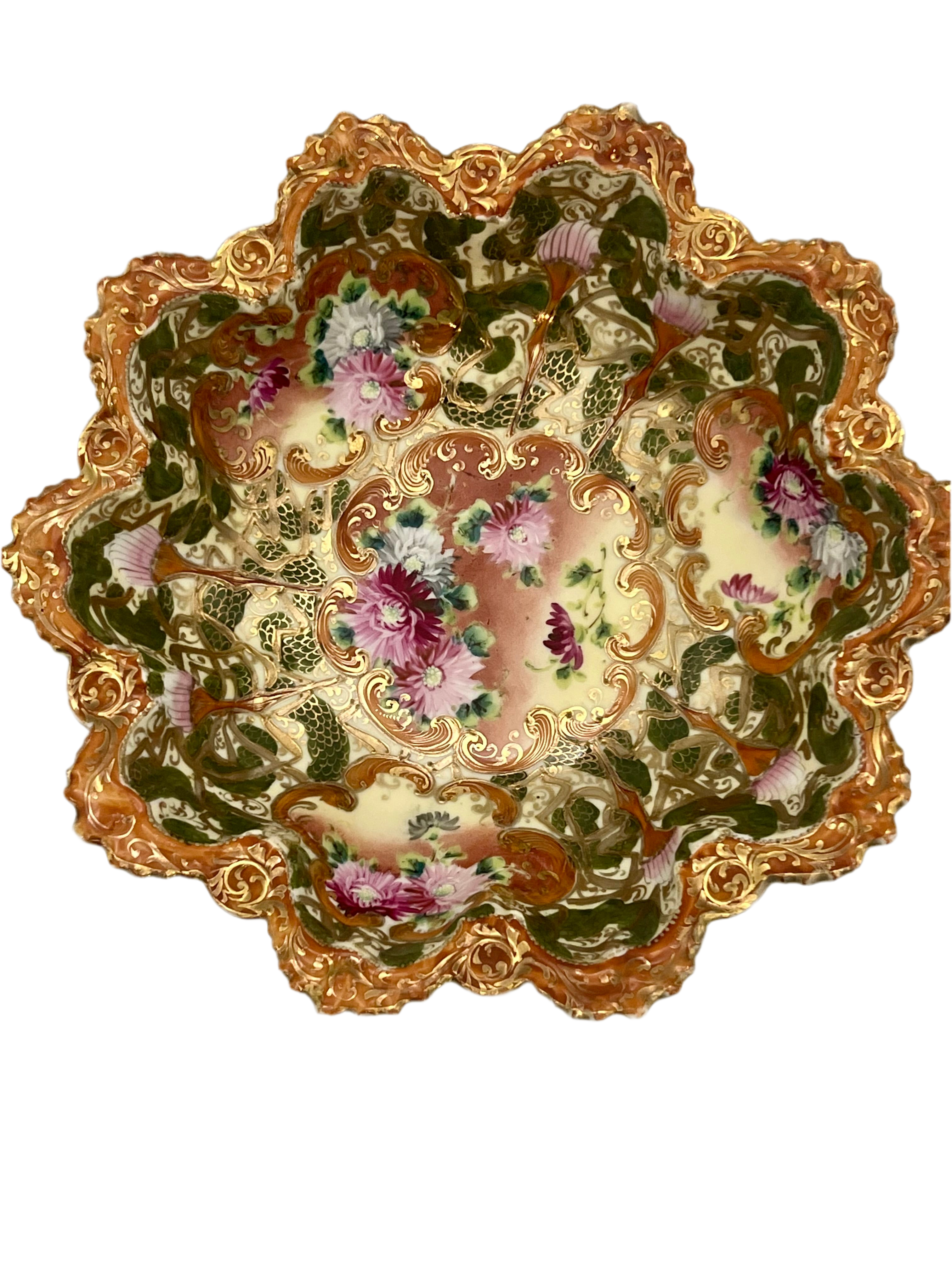 PAINTED MORIAGE BOWL – 12 INCH FLORAL CENTERPIECE WITH RAISED GOLD GILT – JAPAN CIRCA 1890s–1920s