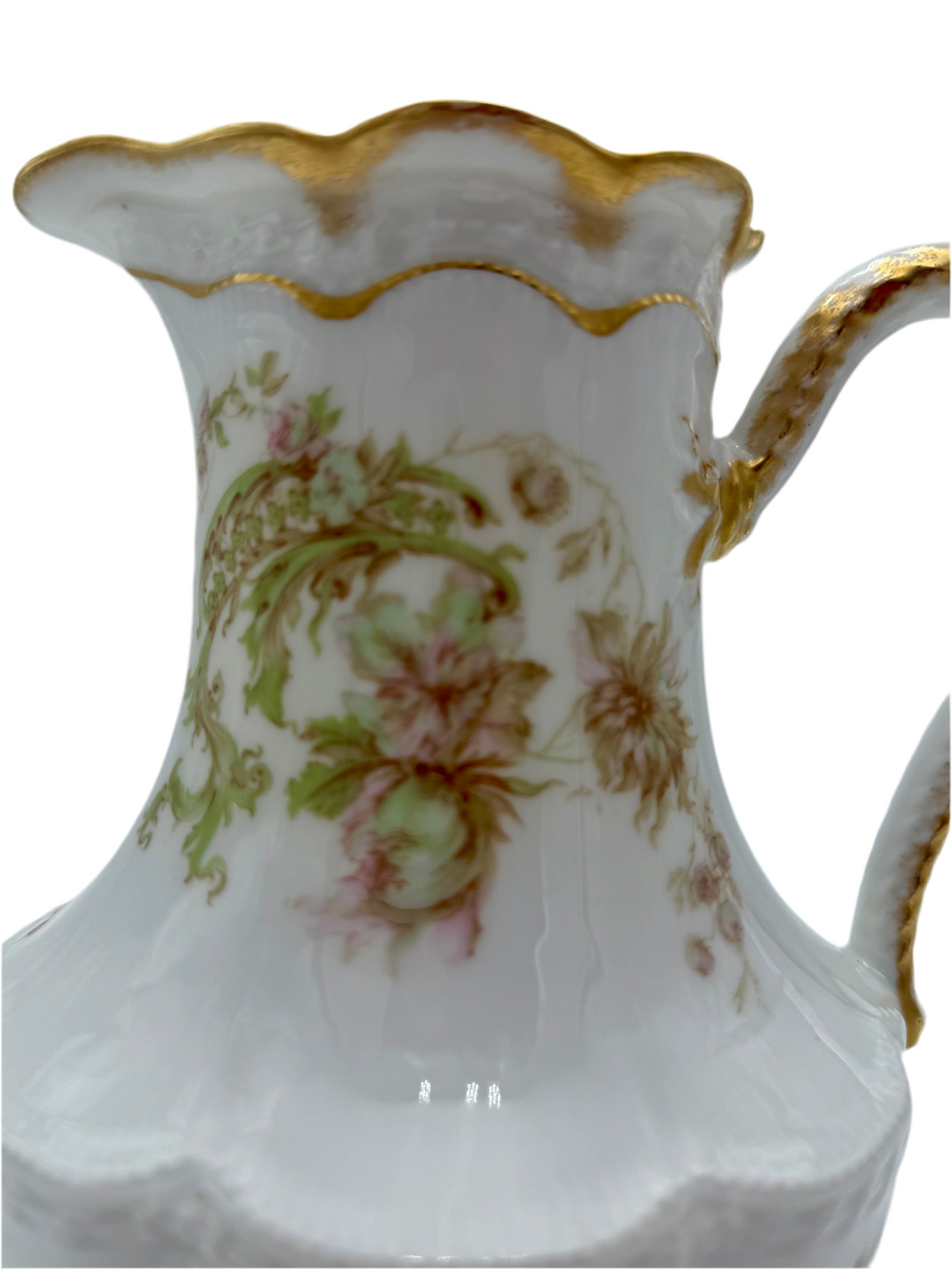 ANTIQUE HAVILAND & CO LIMOGES FLORAL PITCHER – LATE 1800s FRENCH PORCELAIN WITH GOLD GILT DETAIL – ROMANTIC VICTORIAN ART NOUVEAU STYLE
