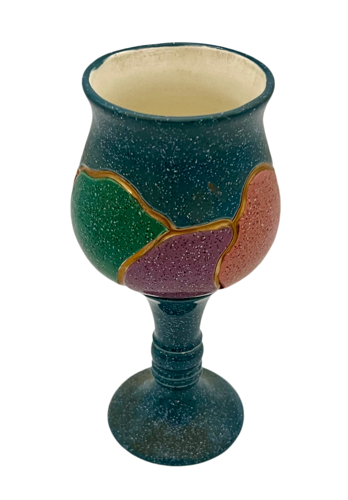 VINTAGE 1980S ARTISAN STUDIO POTTERY GOBLET VASE WITH ABSTRACT COLOR BLOCKING AND GOLD DETAILING