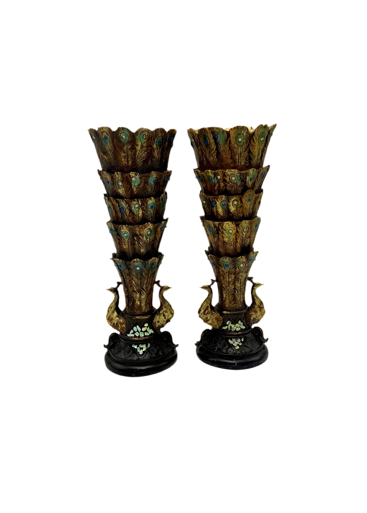 PAIR OF VINTAGE PEACOCK FEATHER VASES WITH JEWEL ACCENTS AND MOTHER-OF-PEARL INLAY