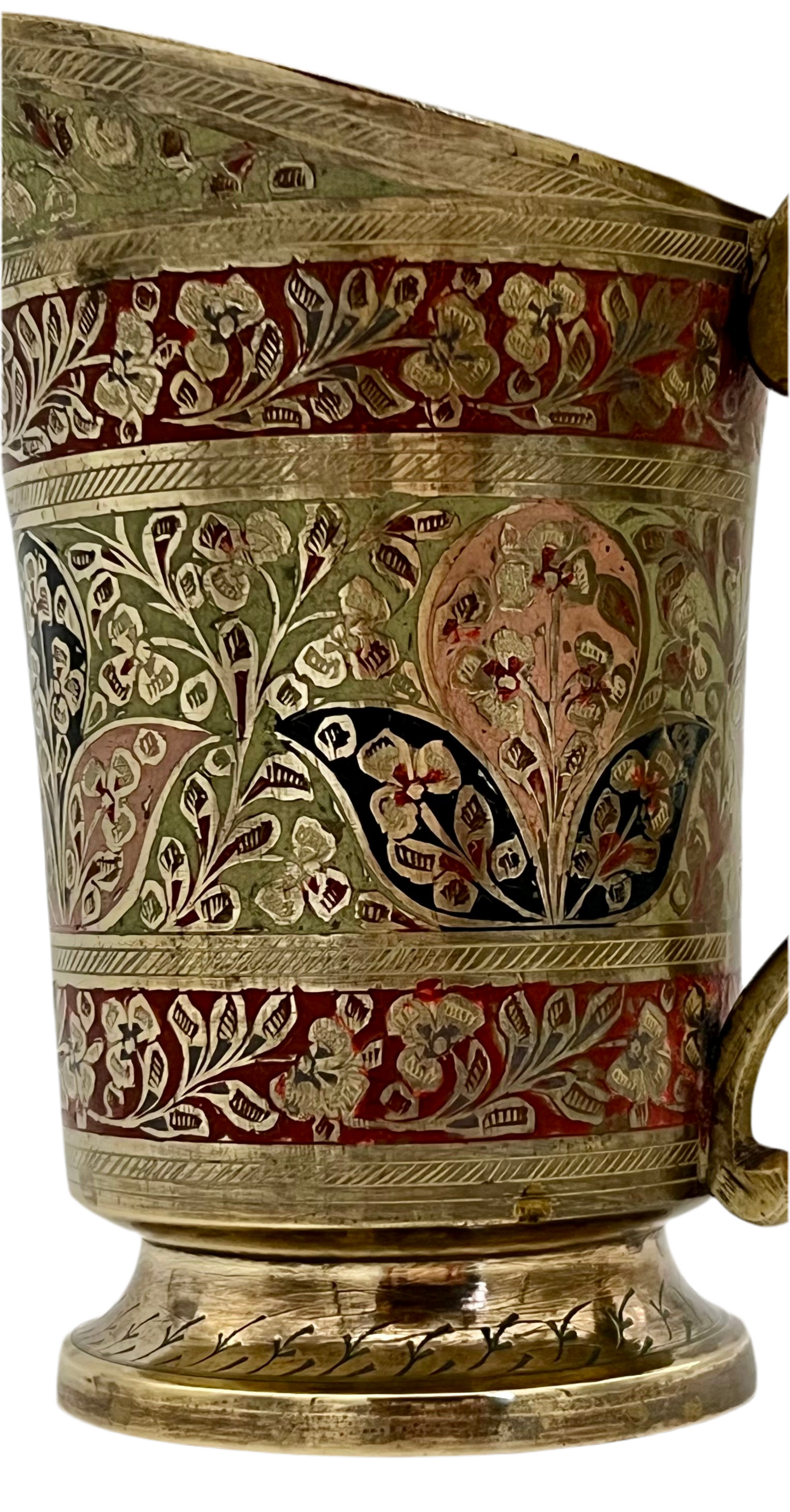 ANTIQUE CIRCA 1900 INDIAN MEENAKARI ENAMELED BRASS PITCHER – HAND ENGRAVED FLORAL MOTIFS – 6″