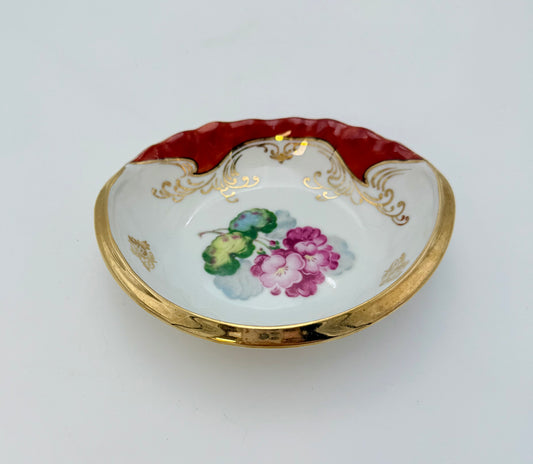 VINTAGE UCAGCO OCCUPIED JAPAN PORCELAIN TRINKET DISH | HAND PAINTED FLORAL GOLD GILT BONBON BOWL | MID CENTURY VANITY DECOR