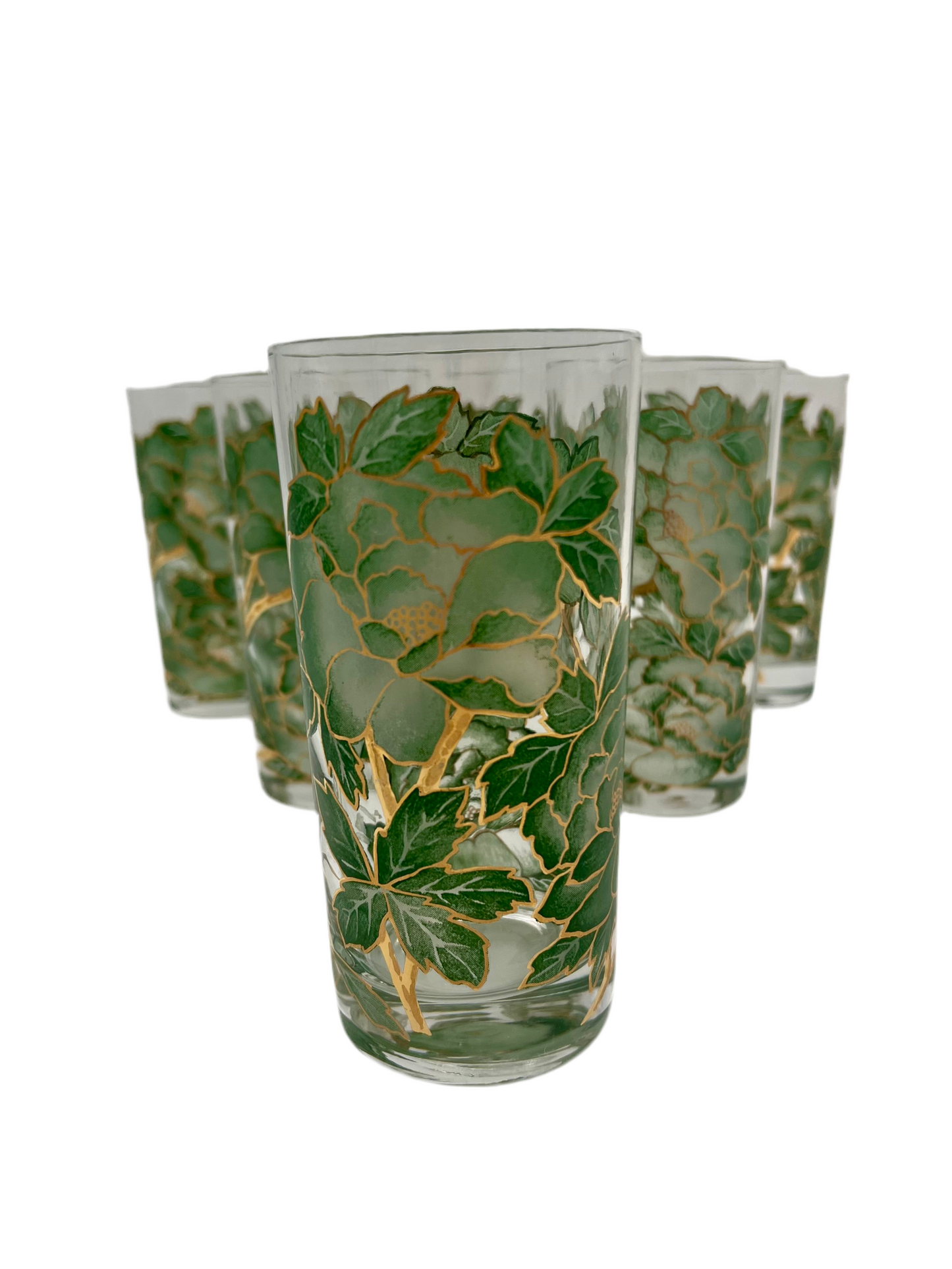 VINTAGE HAZEL ATLAS GREEN AND GOLD FLORAL GLASSES, SET OF 6