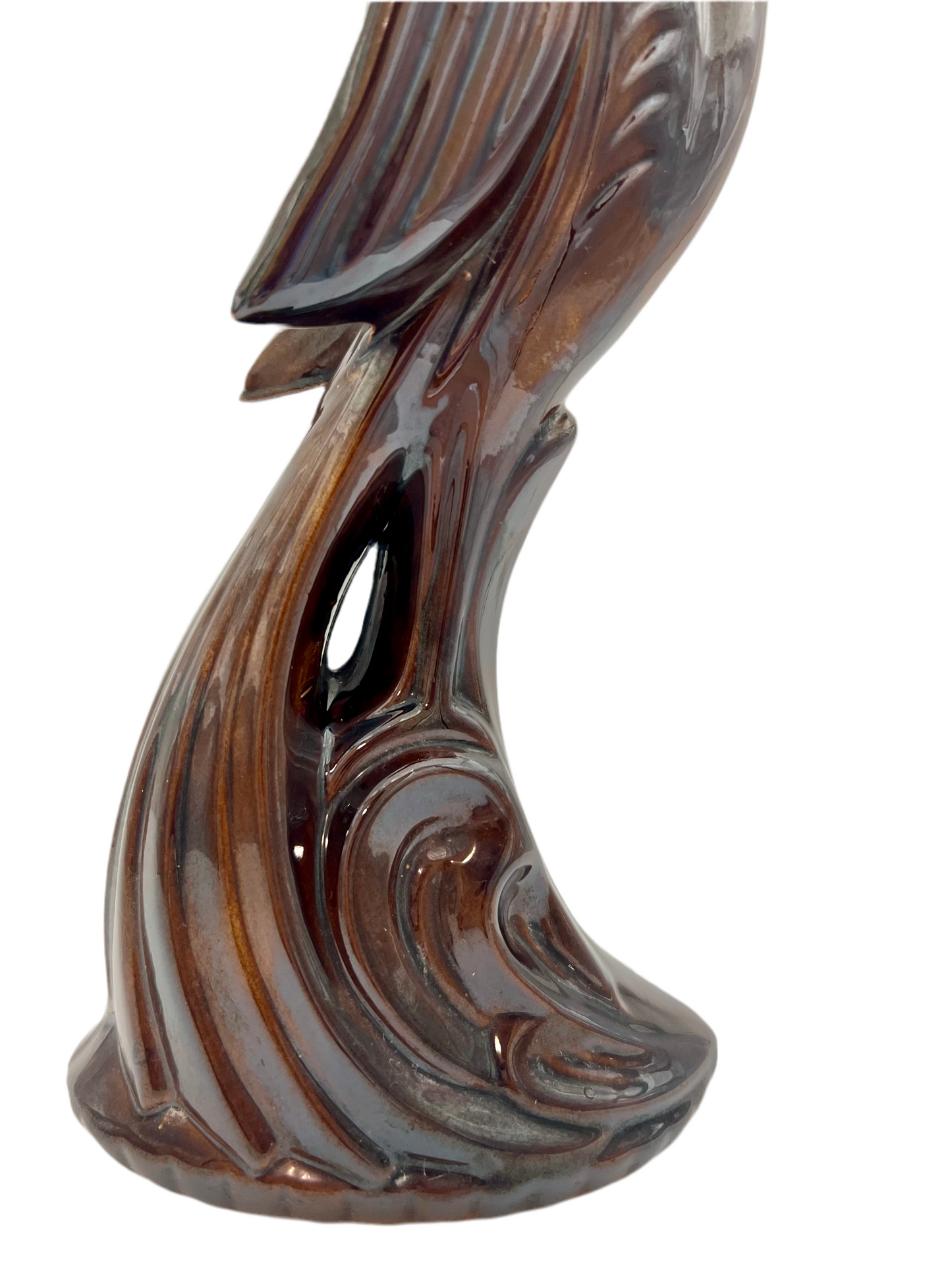 VINTAGE MID-CENTURY ROYAL HAEGER STYLE CERAMIC BIRD SCULPTURE – 17” TALL – GLOSS ESPRESSO OXBLOOD GLAZE – LARGE MCM DECOR