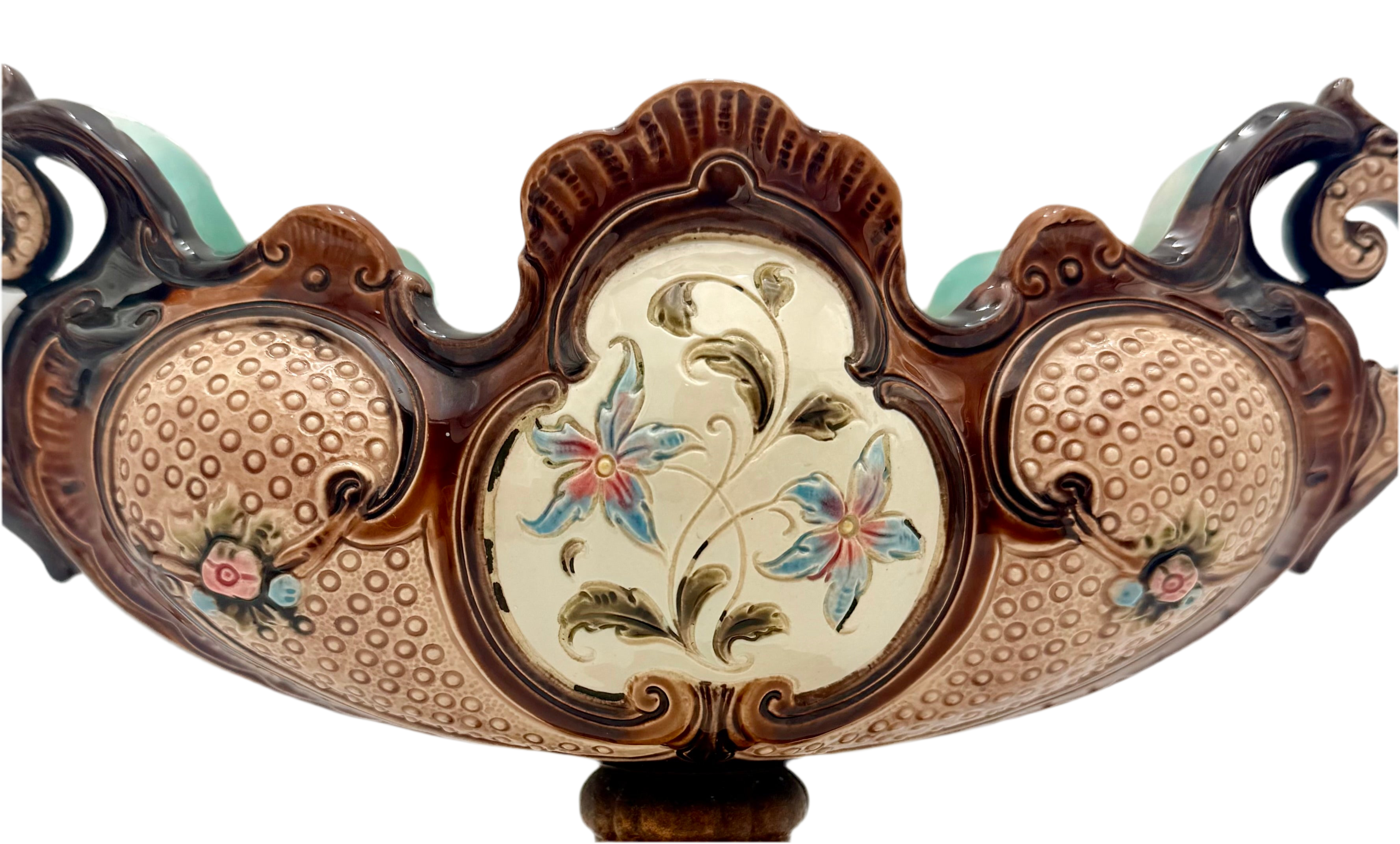 ANTIQUE VICTORIAN MAJOLICA PEDESTAL PLANTER – HAND PAINTED FLORAL SCALLOPED BOWL