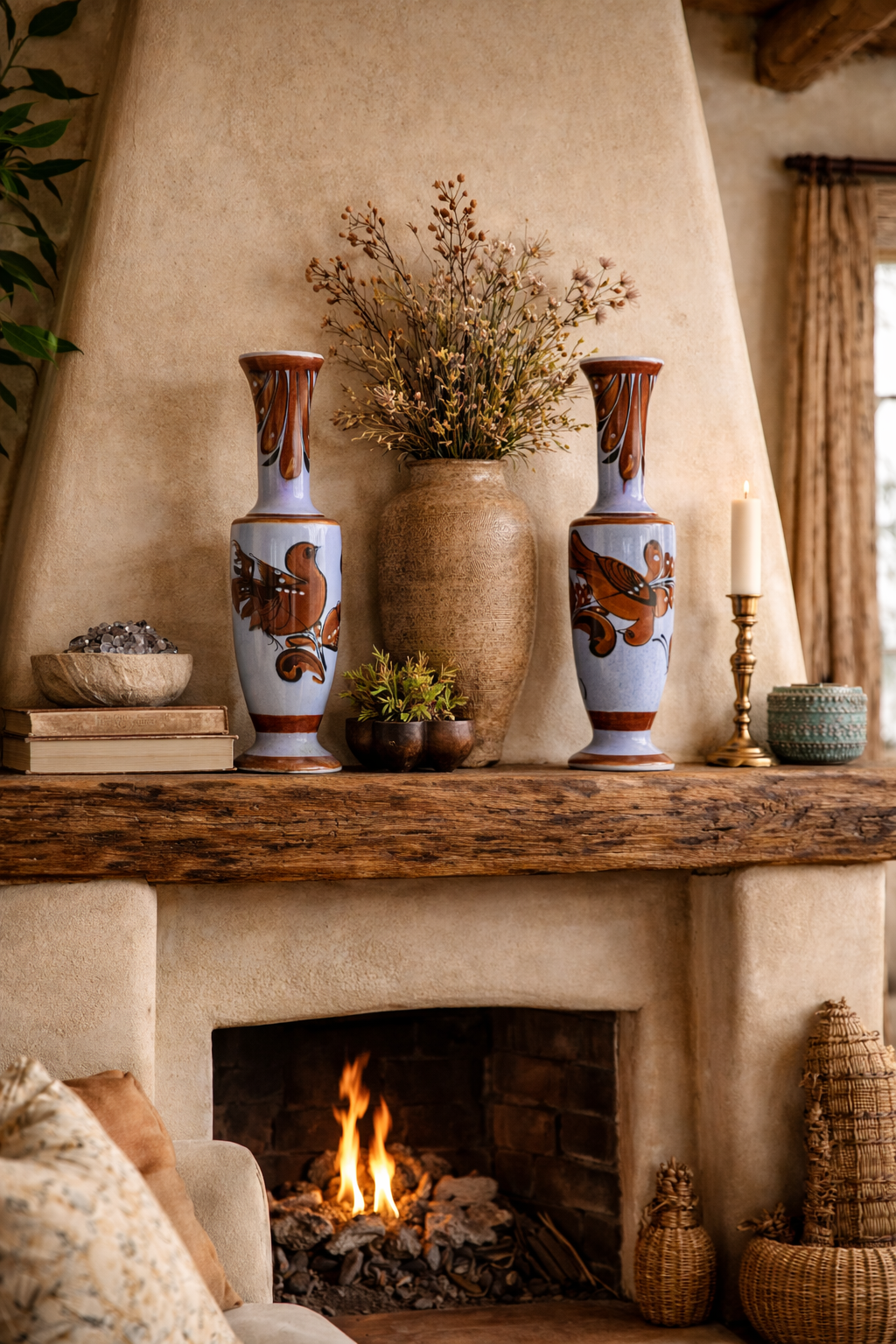 VINTAGE STUDIO POTTERY BIRD & BUTTERFLY VASES SIGNED ALEX XID | MID CENTURY HAND PAINTED CERAMIC VASES | 16 INCH ART POTTERY