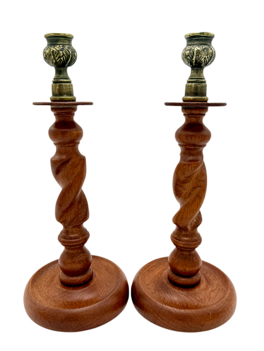 PAIR OF ANTIQUE ENGLISH BARLEY TWIST WITH AGED BRASS THISTLE TOP CANDLESTICK HOLDERS