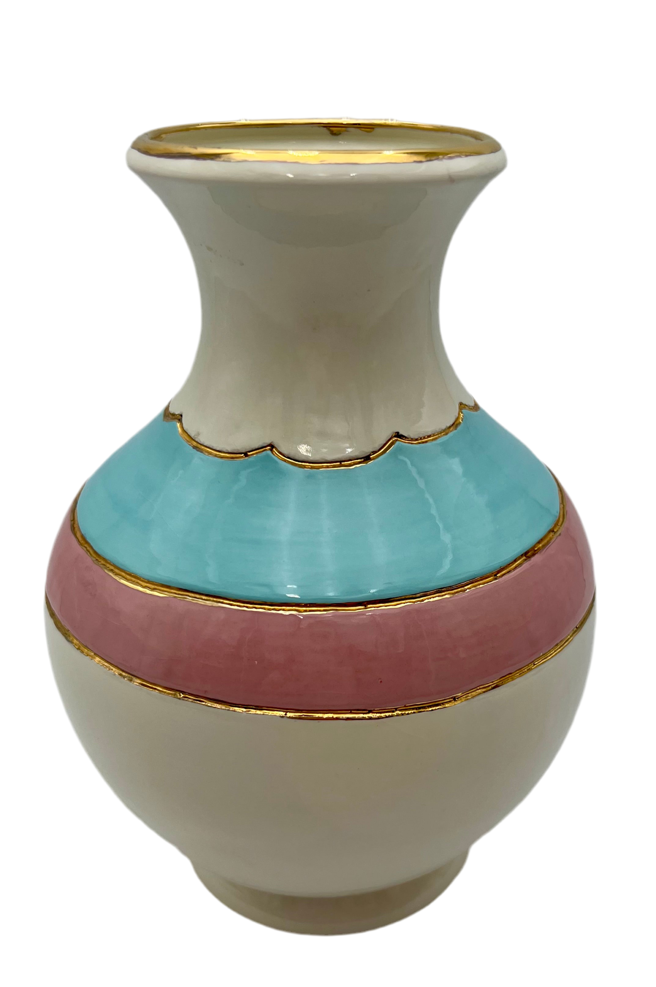 VINTAGE HOLLYWOOD REGENCY PORCELAIN VASE TURQUOISE PINK GOLD MID CENTURY DECOR