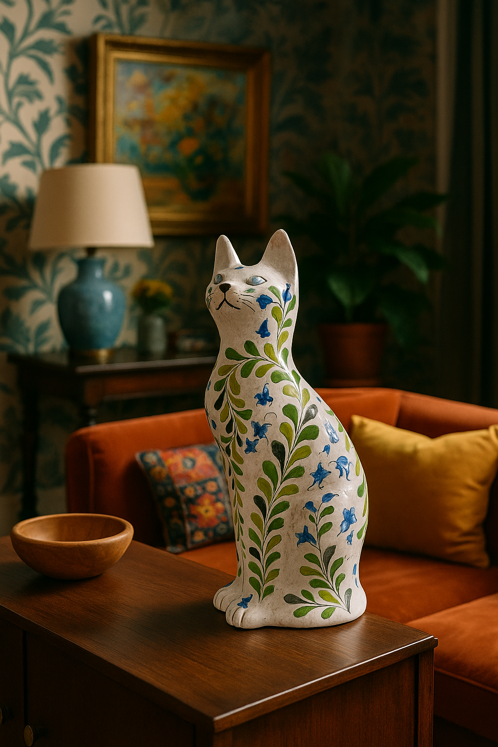 LARGE HAND PAINTED ITALIAN TERRA COTTA CAT SCULPTURE MADE IN ITALY 18"