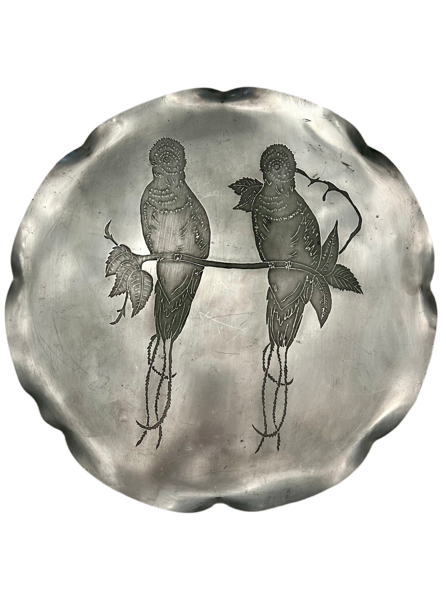 VINTAGE HAND-ENGRAVED ALUMINUM SERVING TRAY WITH BIRDS