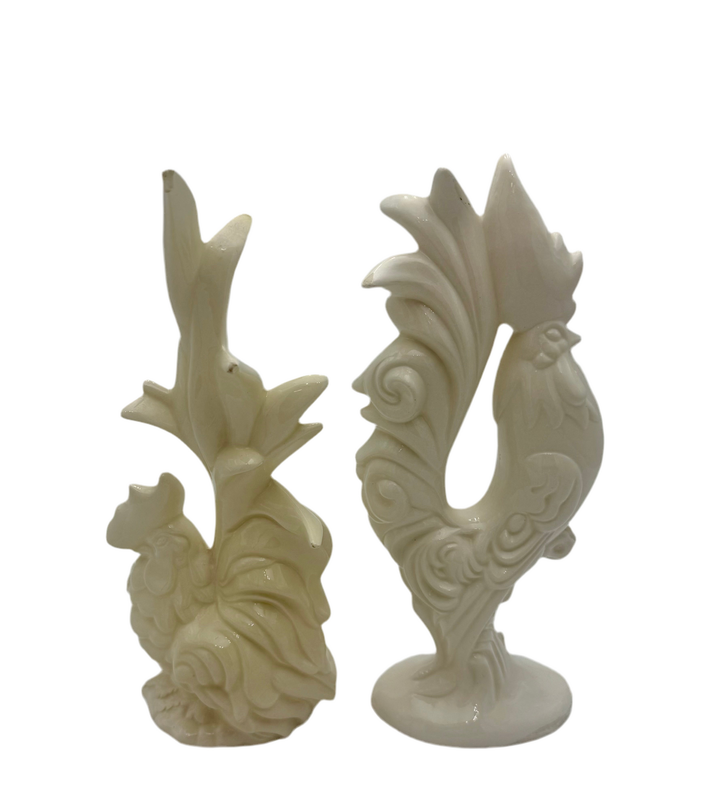 VINTAGE CERAMIC ROOSTER AND HEN FIGURINES • CREAM HOLLYWOOD REGENCY DECOR • SCULPTURAL MID CENTURY PAIR