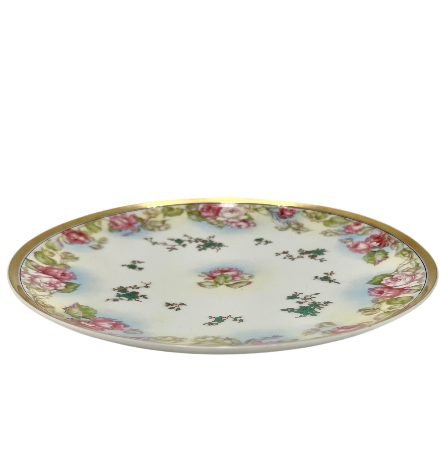 HAVILAND LIMOGES FRANCE PORCELAIN PLATE WITH ROSES AND GOLD RIM – 9 INCH ANTIQUE FRENCH DECORATIVE PLATE