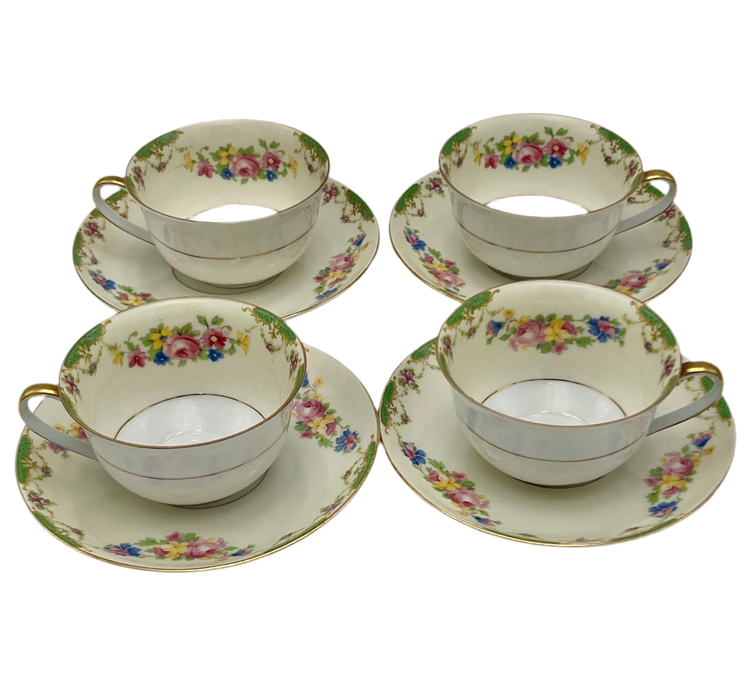 VINTAGE CZECHOSLOVAKIA FLORAL TEACUPS AND SAUCERS SET OF 4 WITH GOLD TRIM