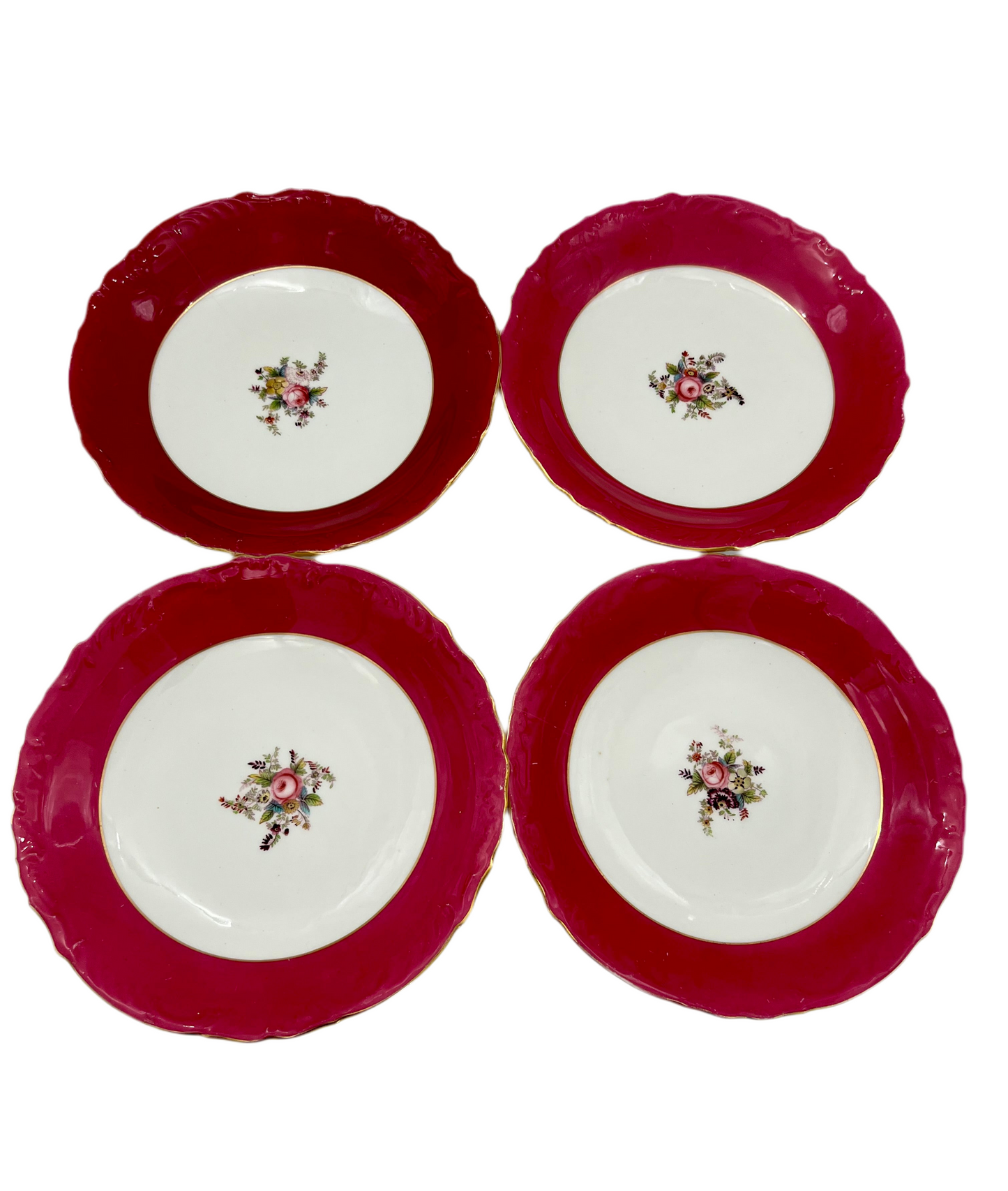 VINTAGE ENGLISH BONE CHINA FUCHSIA FLORAL PEDESTAL PLATES (SET OF 4)