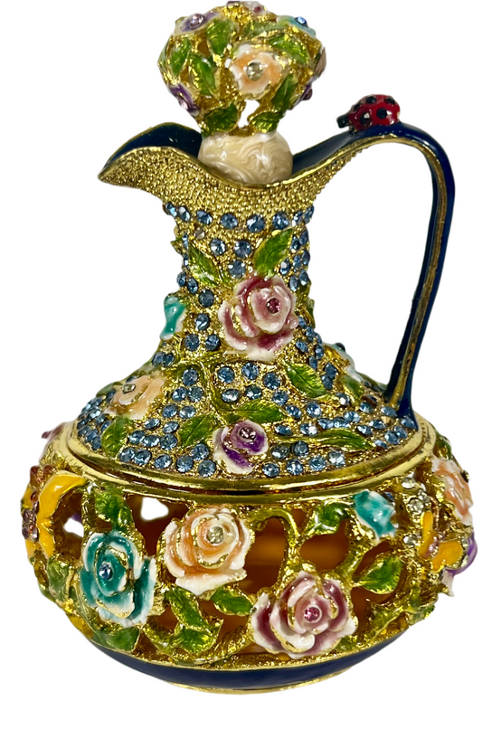 VINTAGE FURUDIA PITCHER SHAPED TRINKET/JEWELRY BOX WITH LADYBUG, BUTTERFLY, FLOWER CUT OUT AND CRYSTAL DETAILS