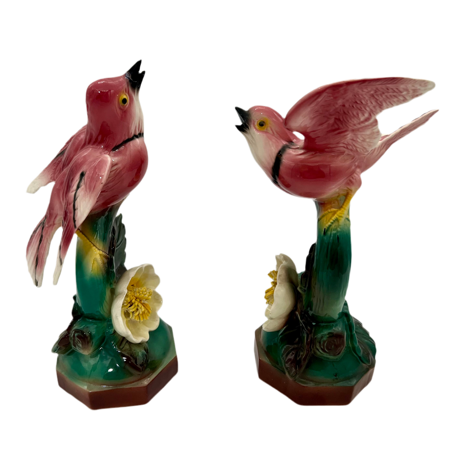 EARLY 20TH CENTURY MAJOLICA-STYLE PINK BIRD FIGURINES PAIR | VICTORIAN REVIVAL DECORATIVE CERAMICS | CIRCA 1910–1940