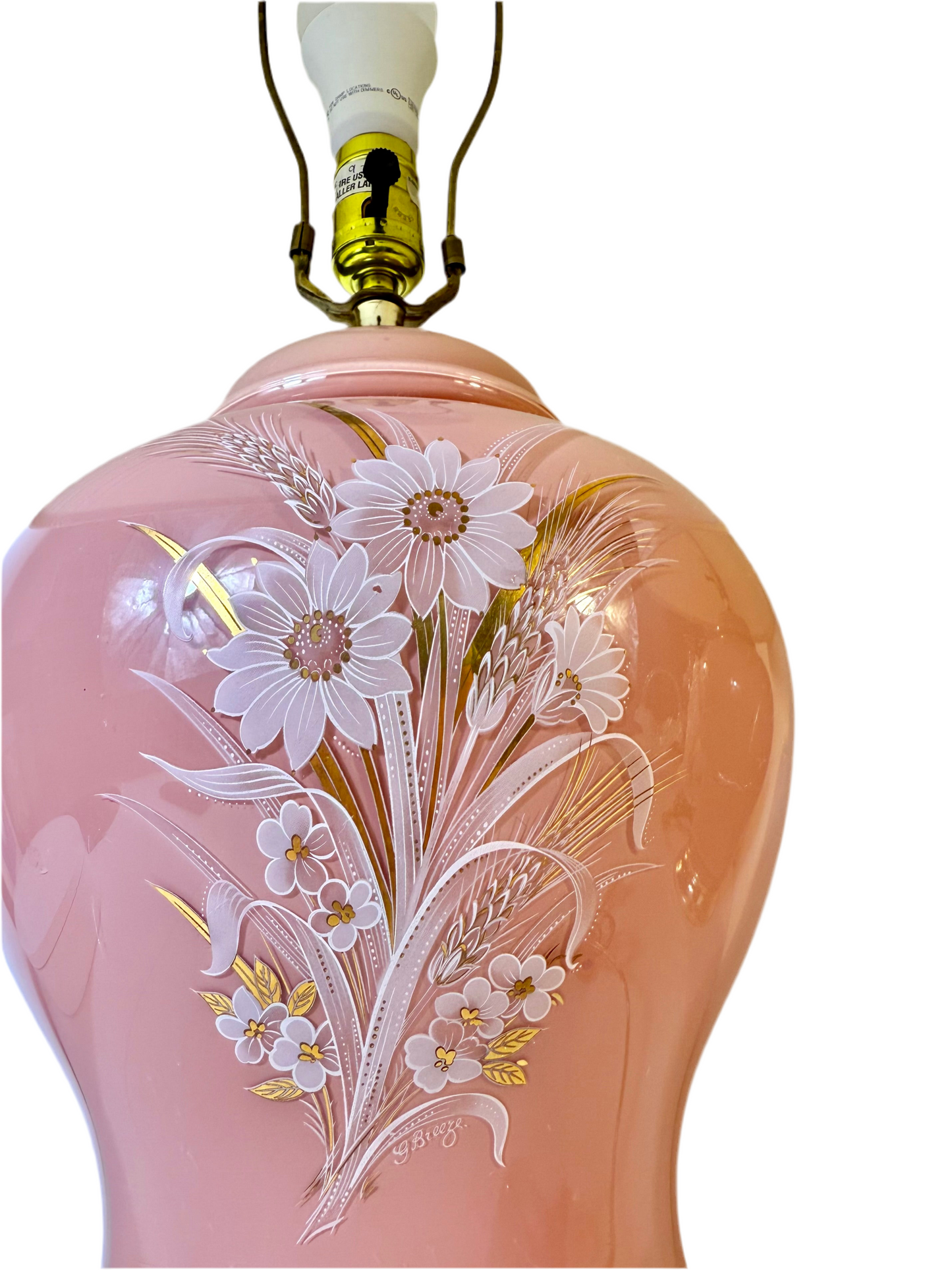 PAIR OF 1980s BLUSH PINK FLORAL TABLE LAMPS WITH ORIGINAL PLEATED SHADES – SIGNED G. BLEZ –